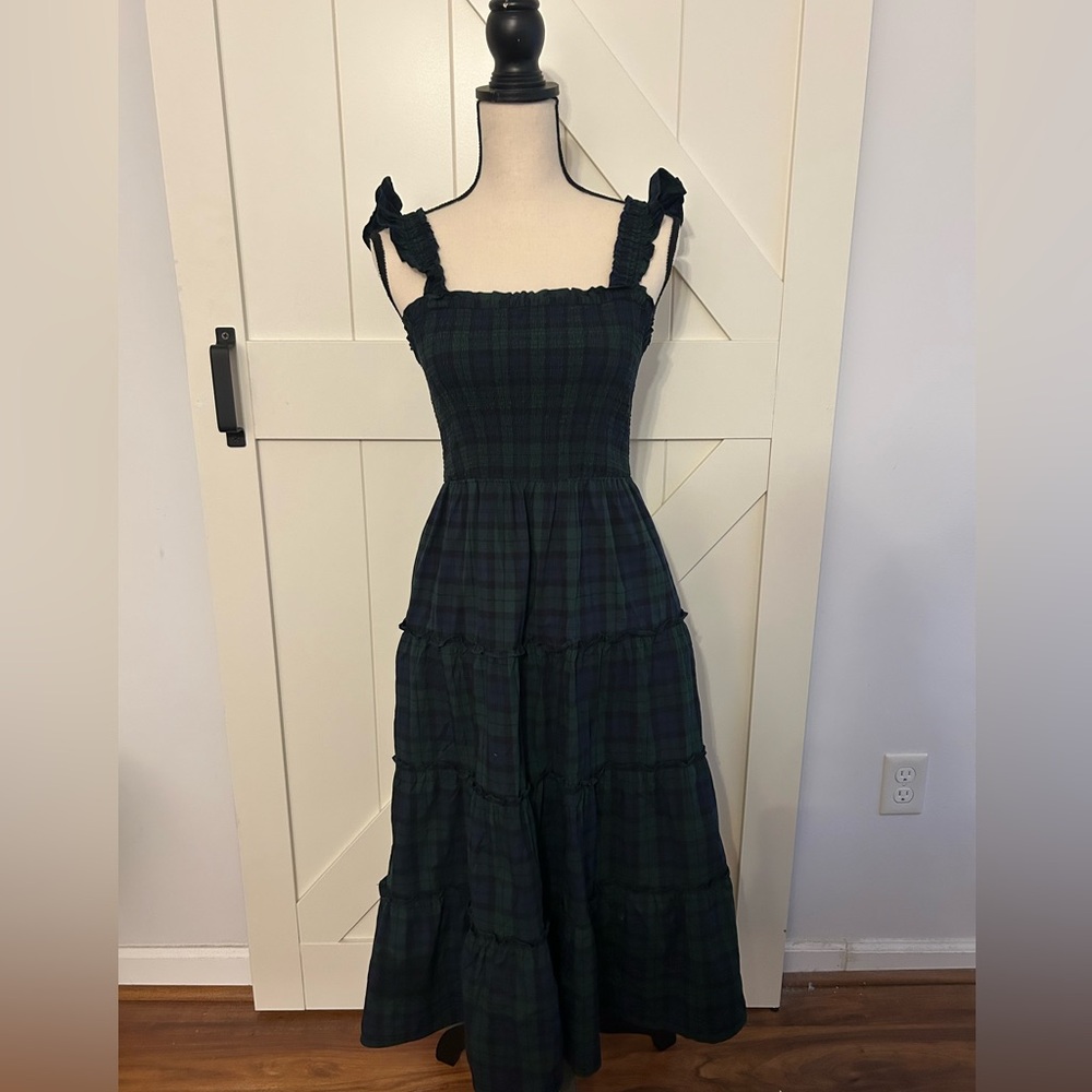 J Crew Re-imagined Tartan Plaid ruffle tiered dress green and navy XXS stretchy - Picture 2 of 12